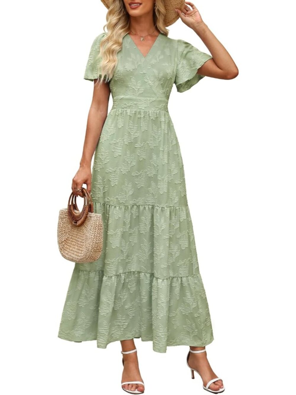 Women's Sage Green Short Flutter Sleeve V Neck Boho Floral Imported Maxi Dress